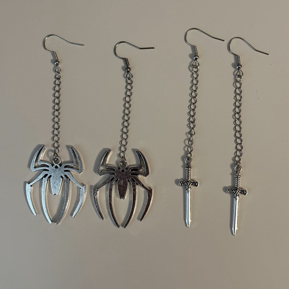 Spider Charm Earrings and Sword Earrings Set Silver Goth Punk Jewelry Unisex New - Picture 2 of 4